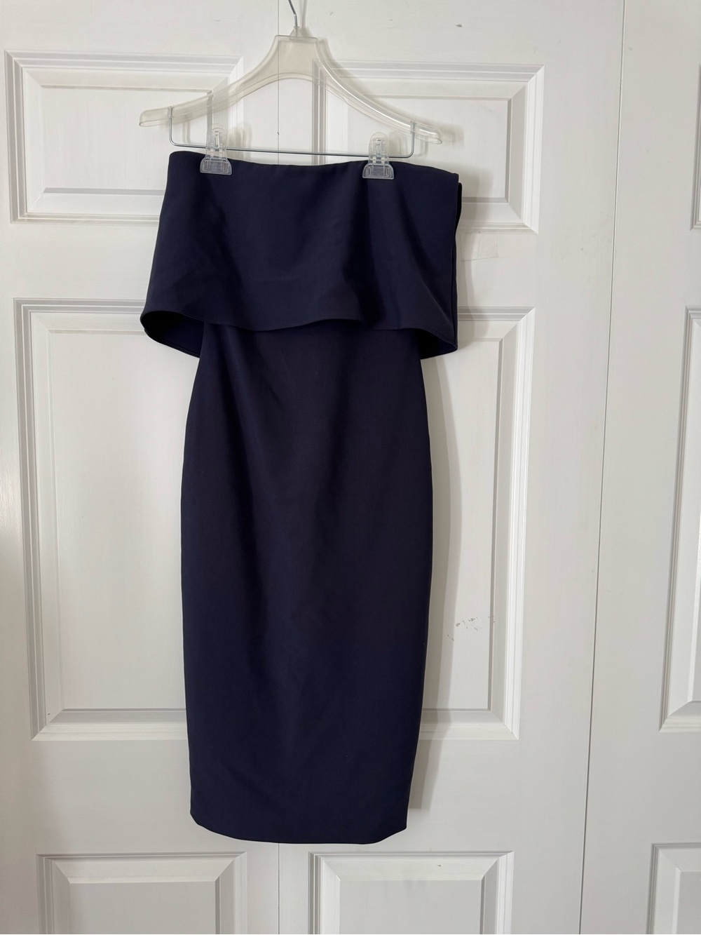 NWT LIKELY  Driggs Sheath Dress Navy Off Shoulder Foldover Midi Cocktail - Picture 6 of 15